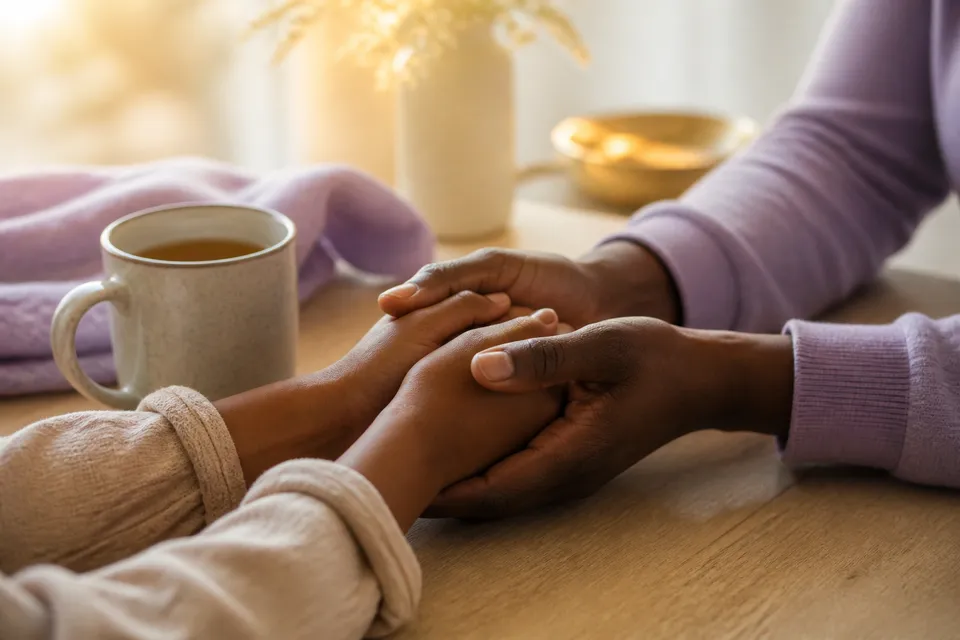 A calm moment of connection at home — parent and child hands together